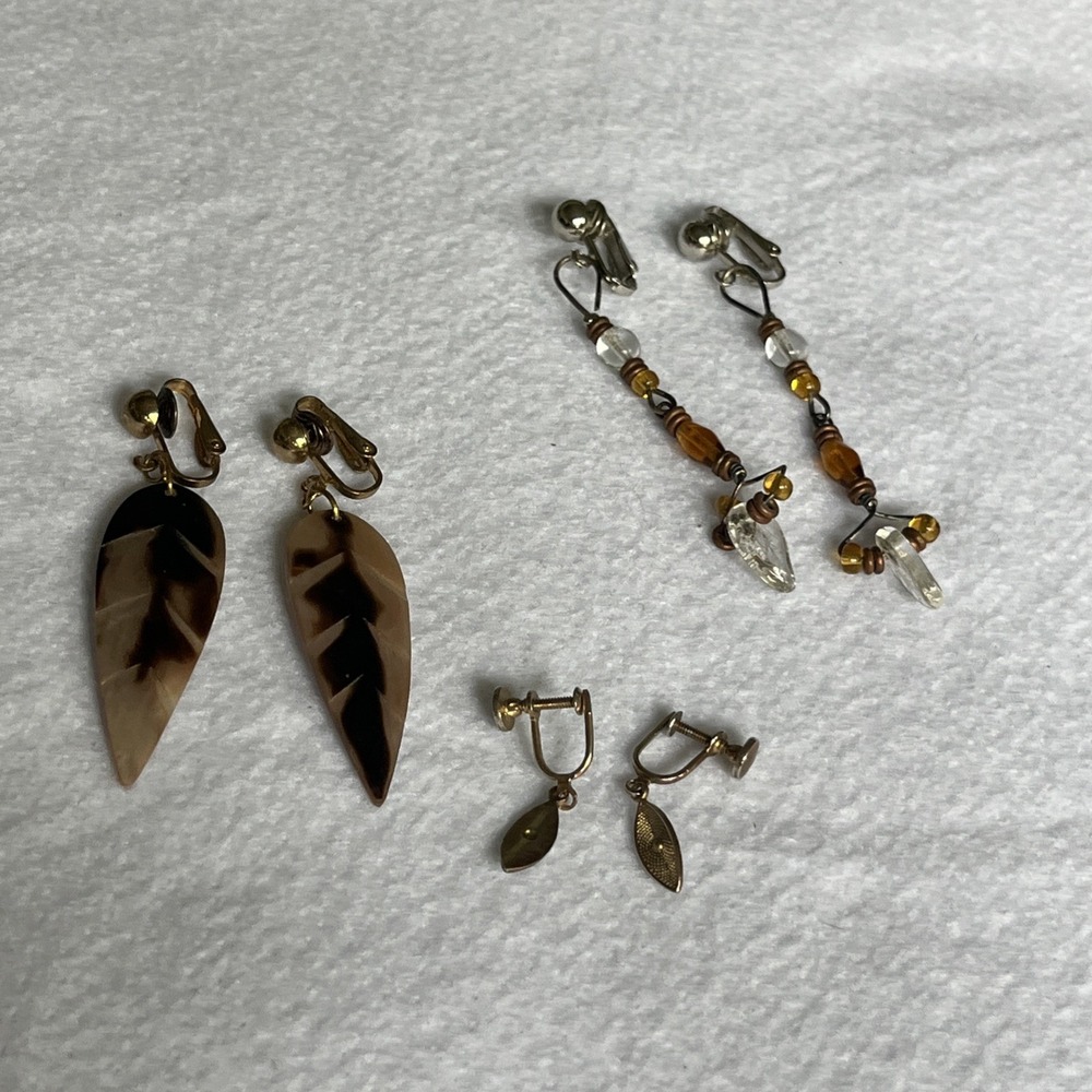 Vintage Feather And Bead Earring Bundle Set Of 3 Gold And Silver Tone Clip On